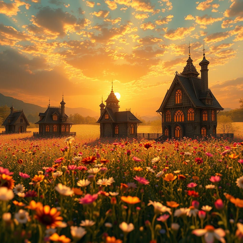 Vibrant Fantastical Houses in a Sun-Drenched Meadow