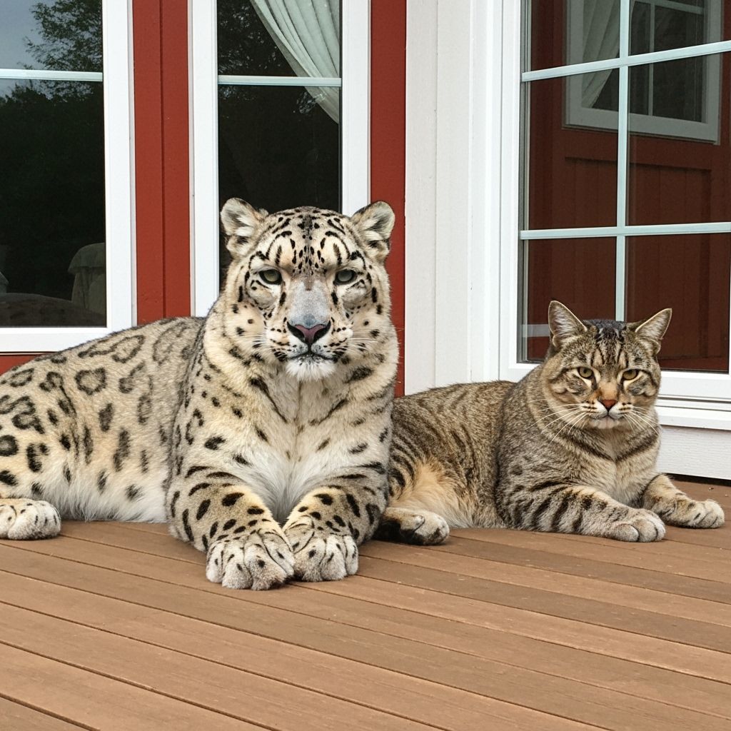 Snow Leopard and Cat Relaxing at a Vacation House