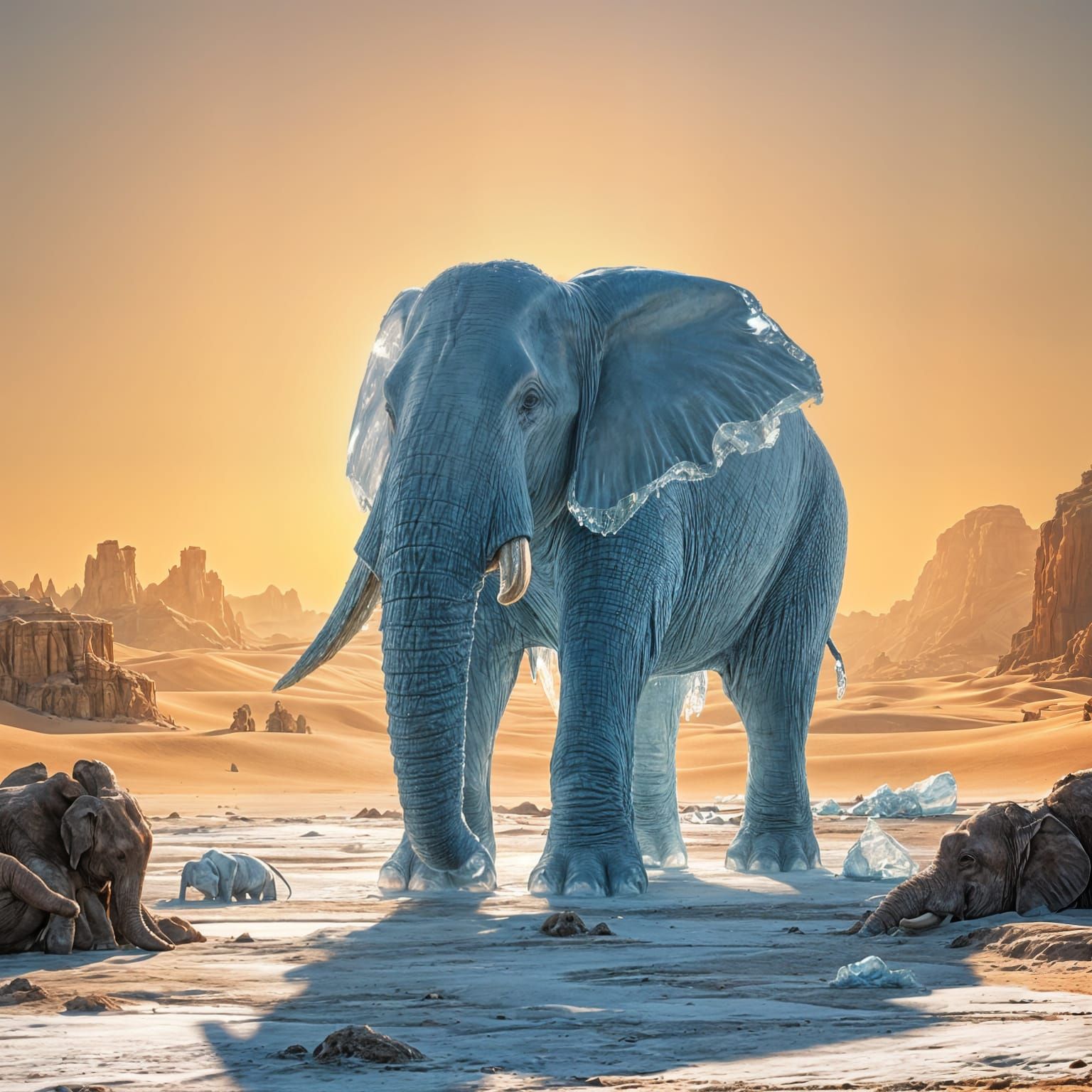 Hyperrealistic Melting Ice Elephant in Desert