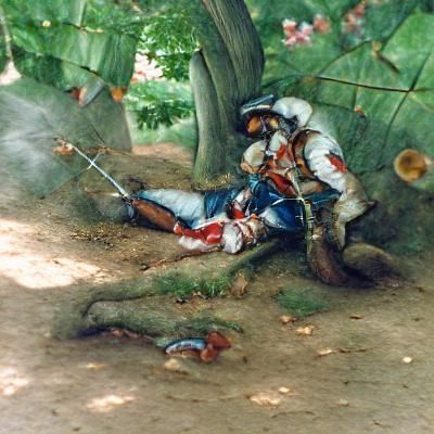 Injured Musketeer in 17th Century Battle Scene