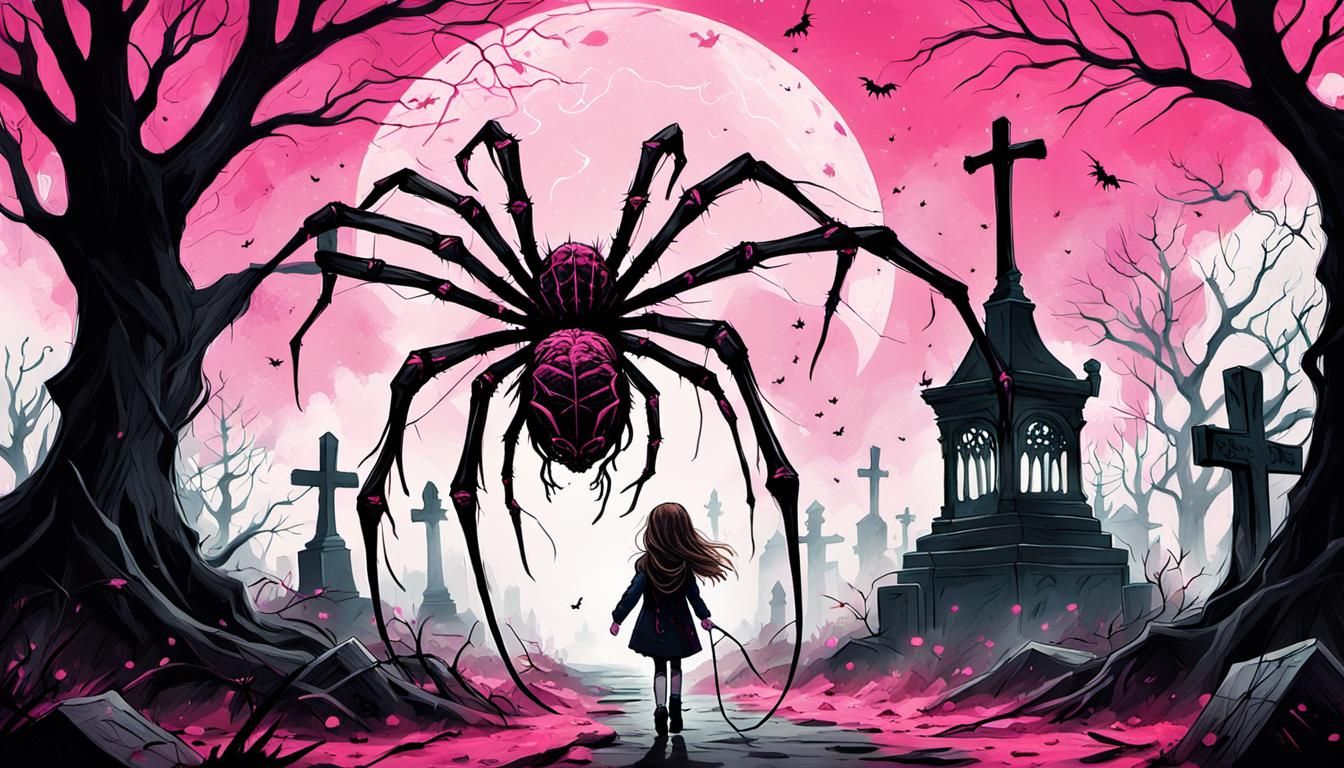 Mysterious Girl Walks through Haunting Cemetery with Spider....