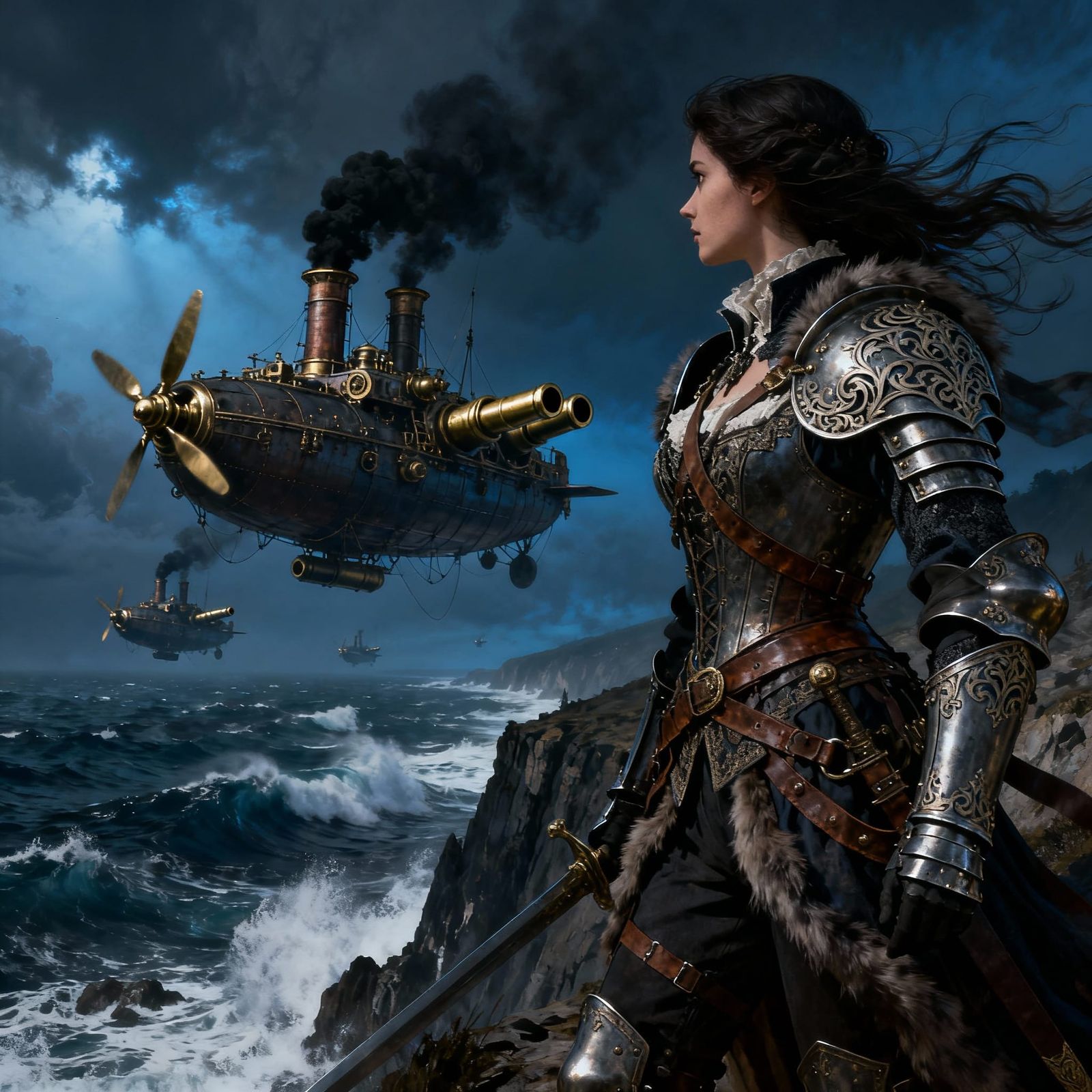 Warrior Princess Defies Steampunk Armada on Cliff