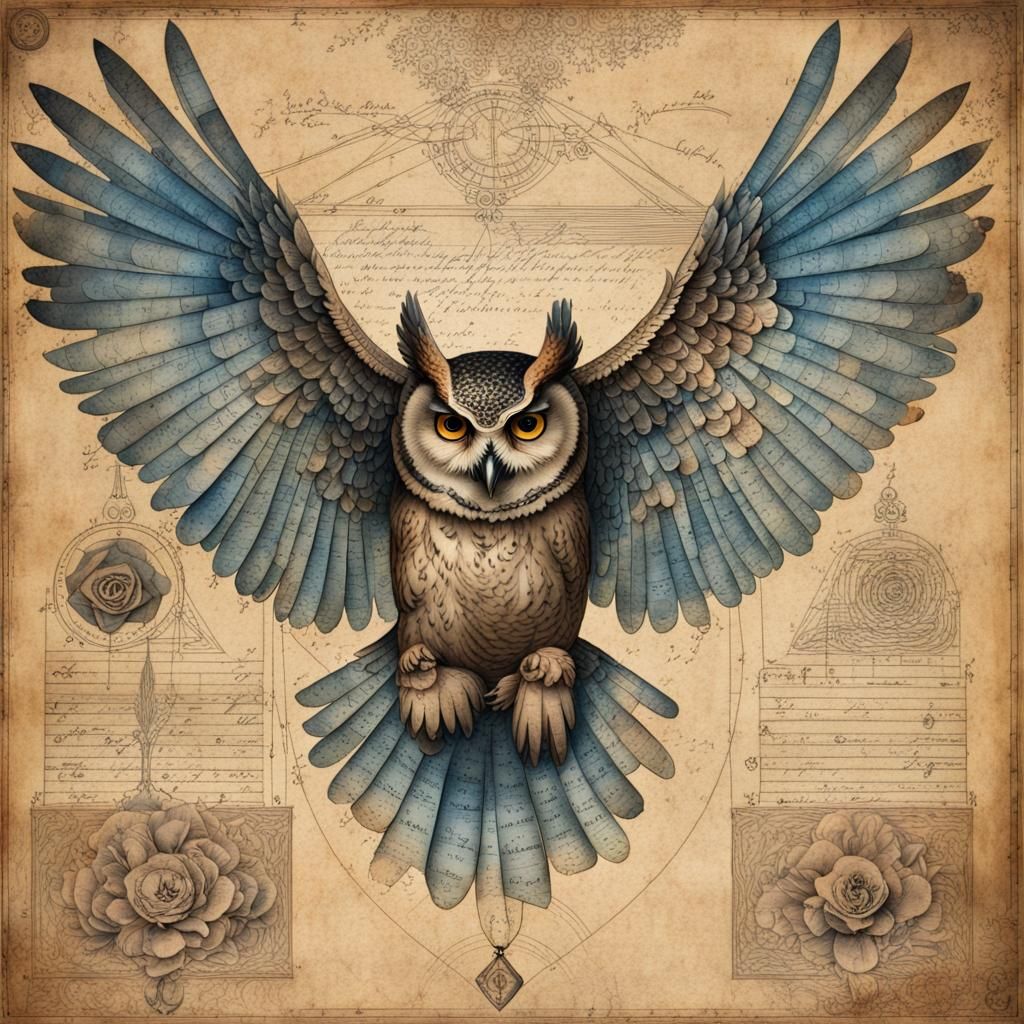 Antique Owl Schematic with Iridescent Wings