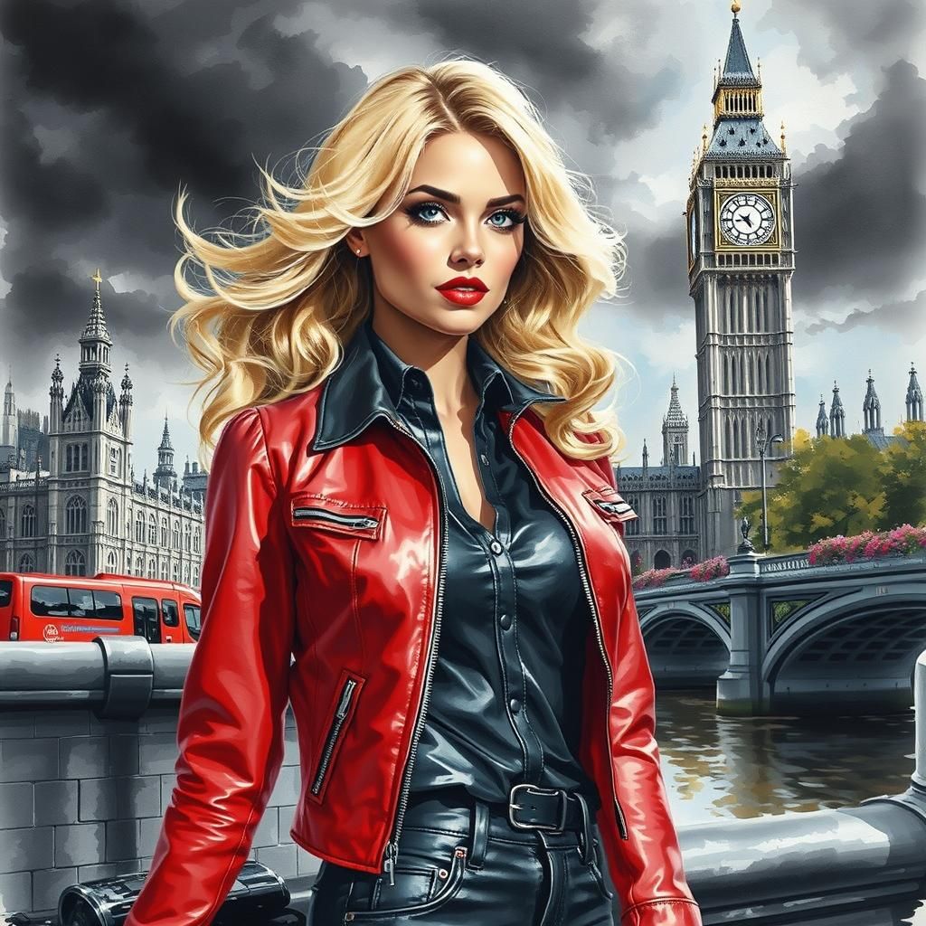 stunning woman, blond hair,shiny latex red jacket and jeans,...