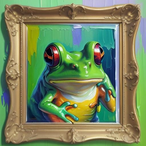 Frog in Mirror: Expressionist Impasto Oil Painting