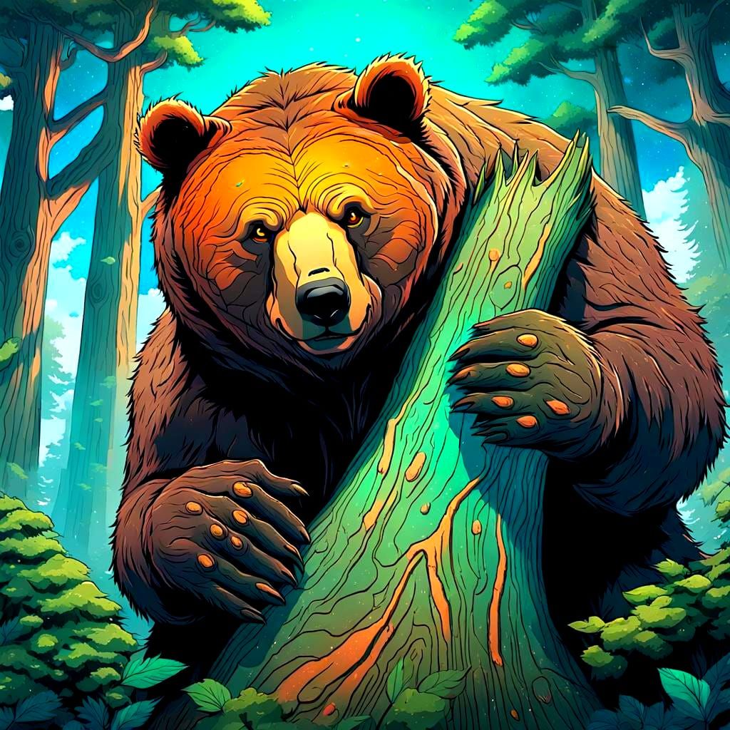 Bear Holding Tree Trunk in Anime Style