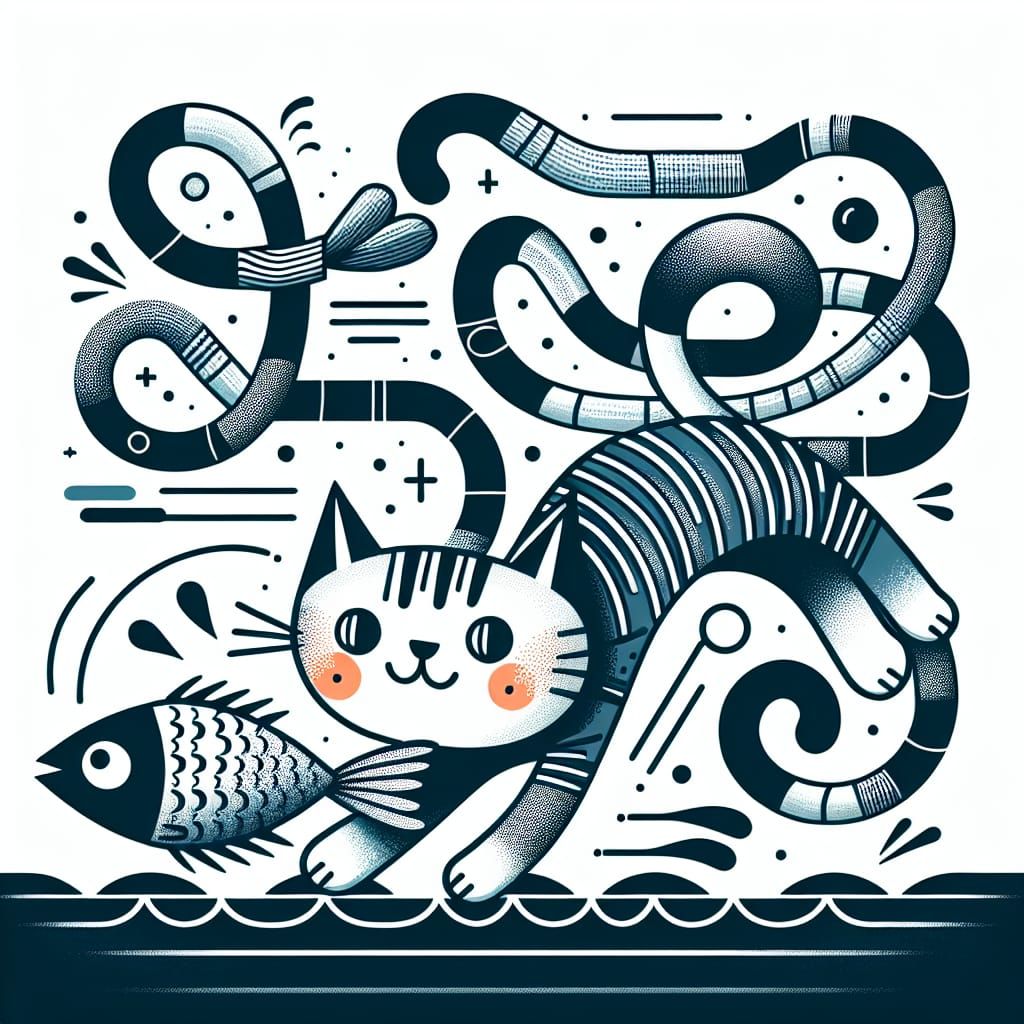 Cartoon Cat Chasing Fish in Whimsical Style