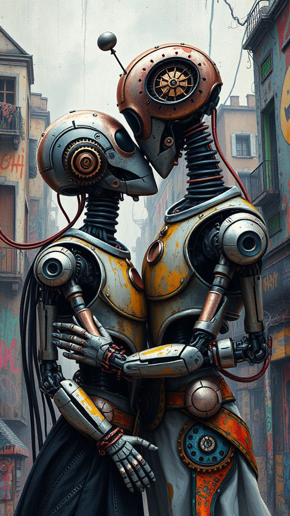 Robot Couple Kiss in Surreal Cityscape
