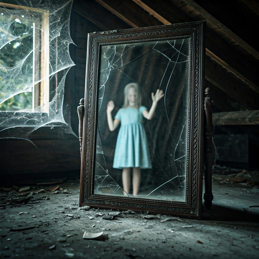 Ghostly Apparition Reflected in Abandoned Attic Mirror