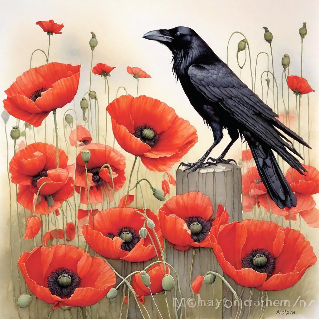 Crow and Poppies in Naturalistic Style