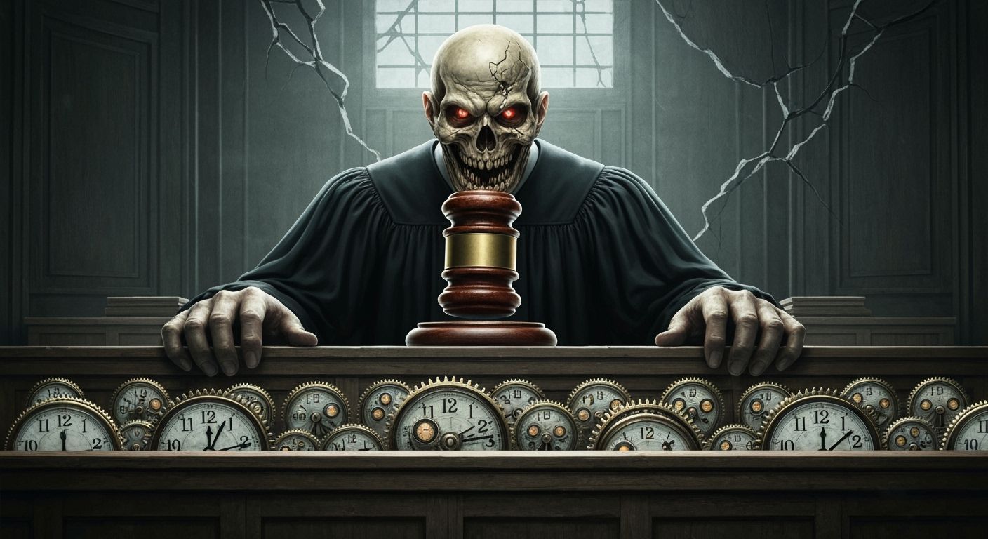 Monstrous Judge with Clockwork Jury in Crumbling Courtroom