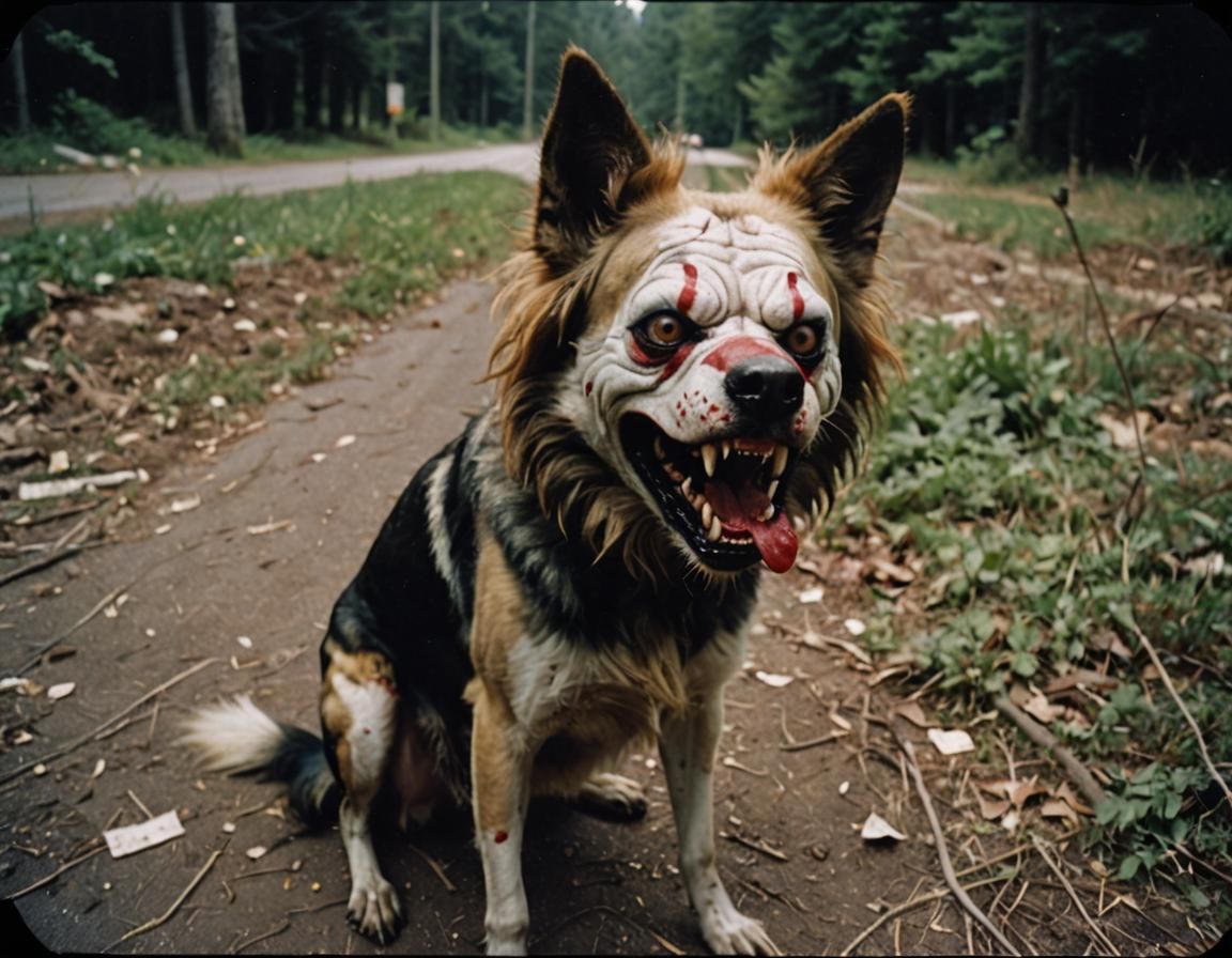Sinister Angry Dog in Clown Mask, Vintage Photo