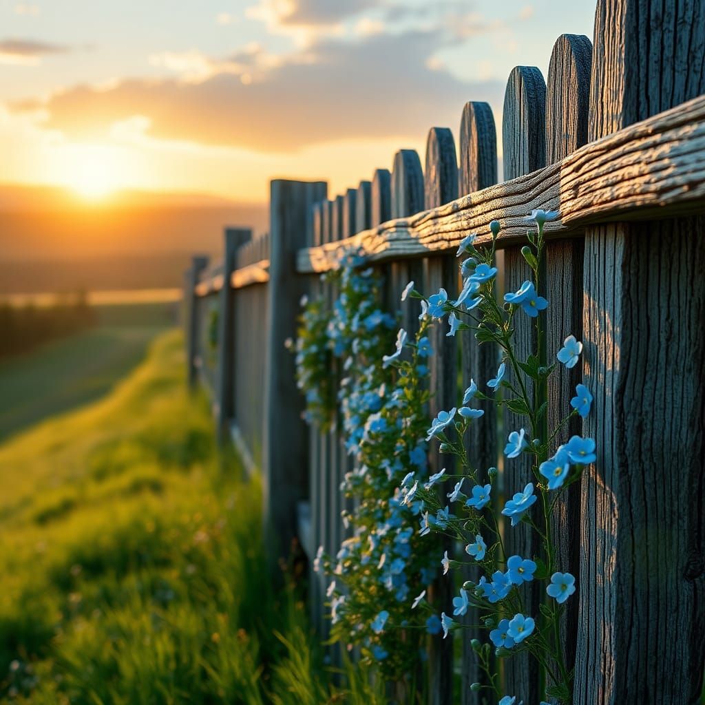 Forget-Me-Nots Adorn Weathered Fence in Meadow