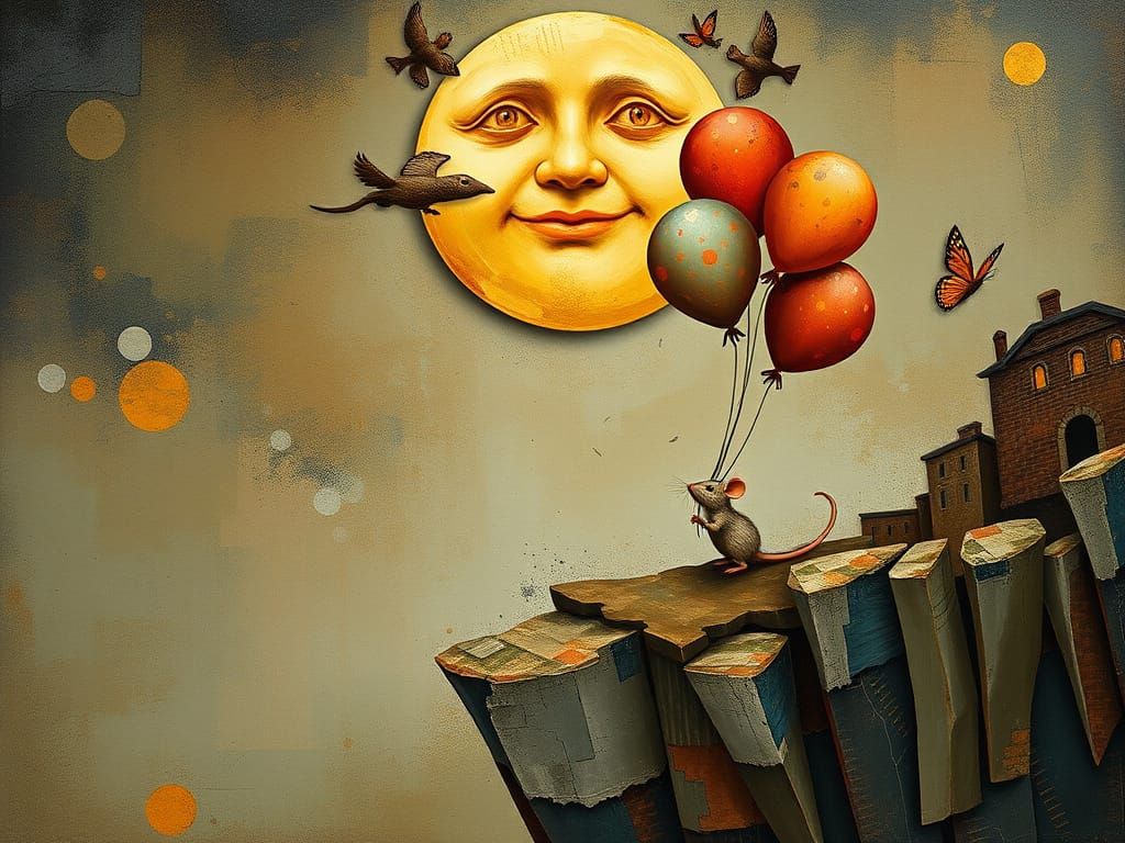 Mouse with Balloons on a Cliff, in Mixed Media