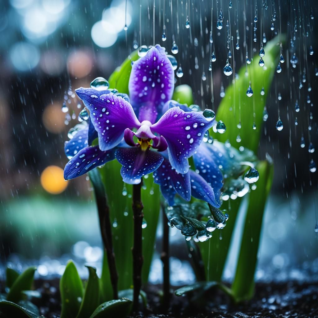 Blue Orchid in a Humid Garden: Hyperrealistic Photography