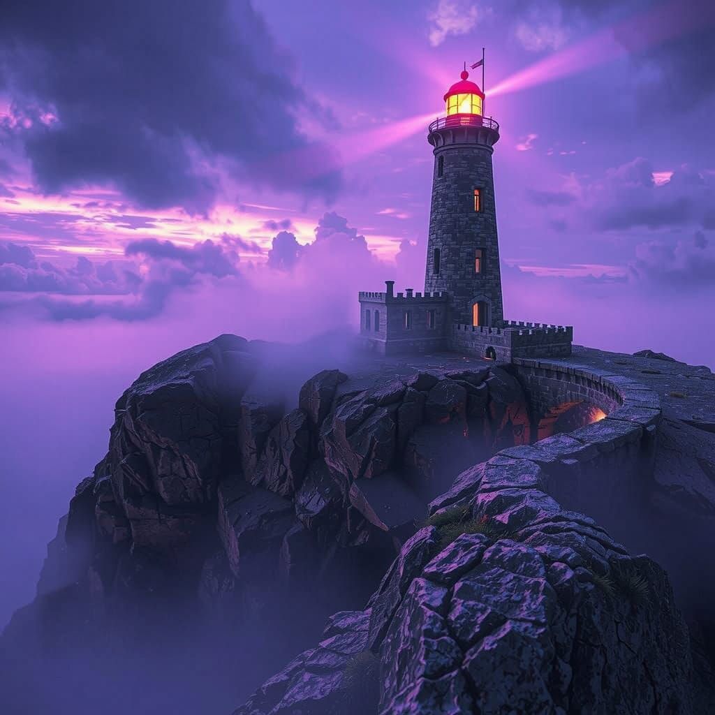 Majestic Lighthouse in Mist: Dark Fantasy Art