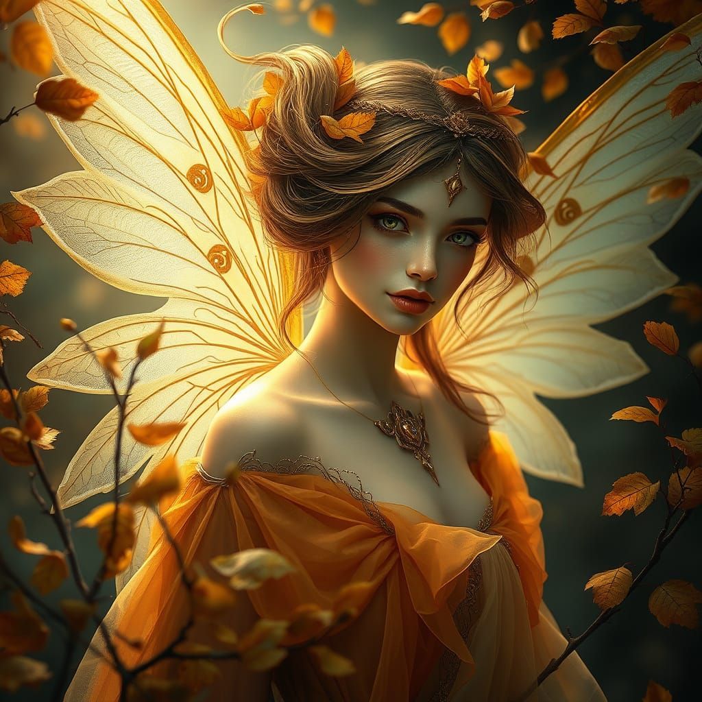 Whispering Autumn Fairy Portrait in Art Nouveau Style