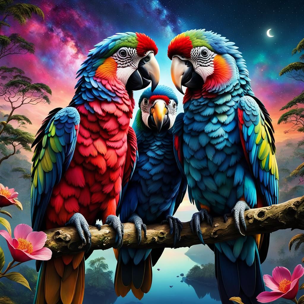 Parrots in Love: Psychedelic Galaxy Dreamscape Digital Art
