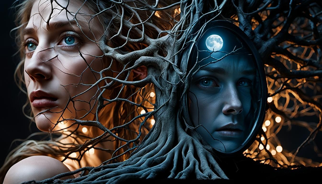 Entwined Woman in Root Web Dichotomy, Bokeh