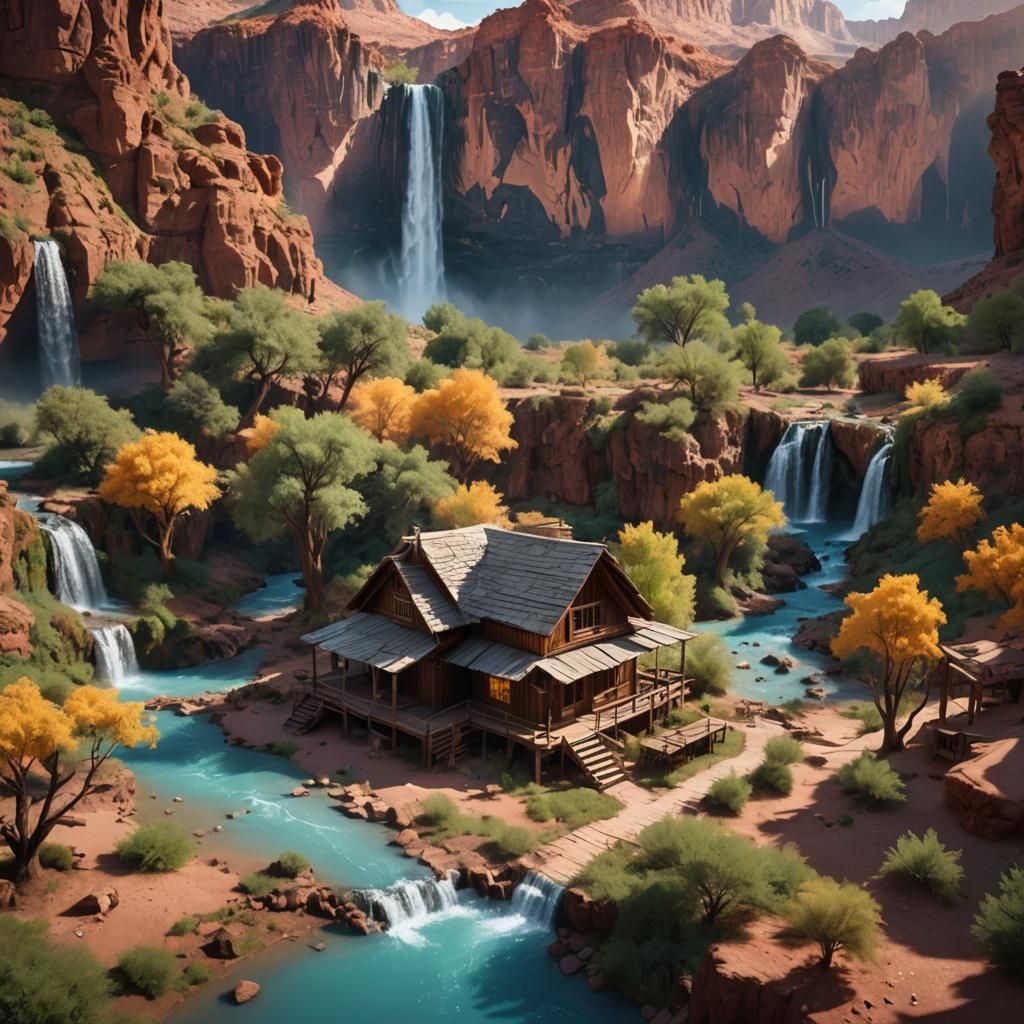 Cozy Cabin by Havasupai Falls: Detailed Matte Painting