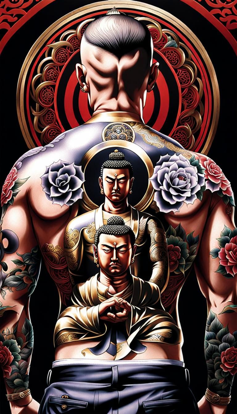 Japanese Mafia Portrait with Buddha Tattoo in Anime Style