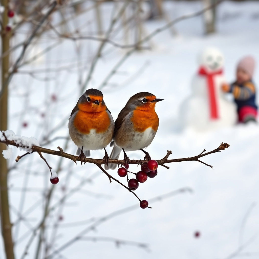 Robins Nibbling Berries in Winter Snow Scene
