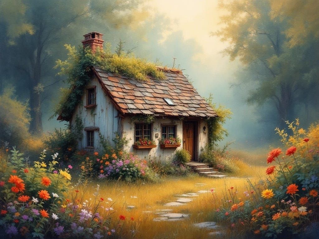 Charming Rustic Cottage Amidst Vibrant Summer Garden