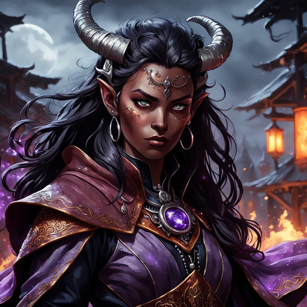 Ethereal Tiefling Warlock in Dark Fantasy Style