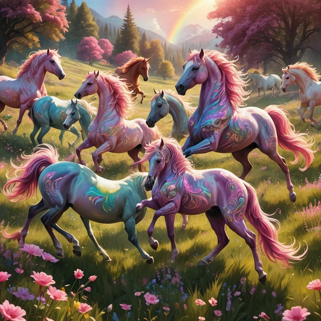 Pink Horses Prancing in Lush Meadow: Digital Art