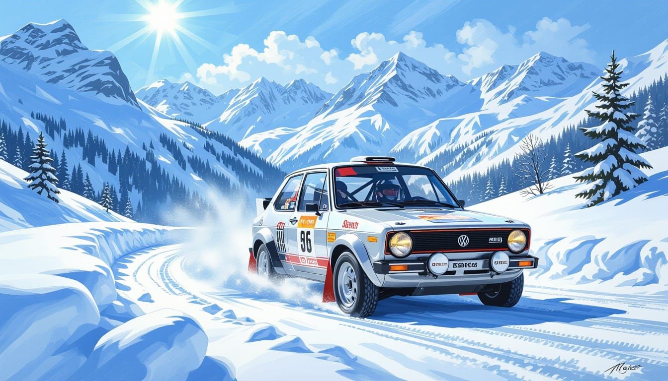 Textured Oil Painting of 1971 VW Salzburg Rally Car in Alps