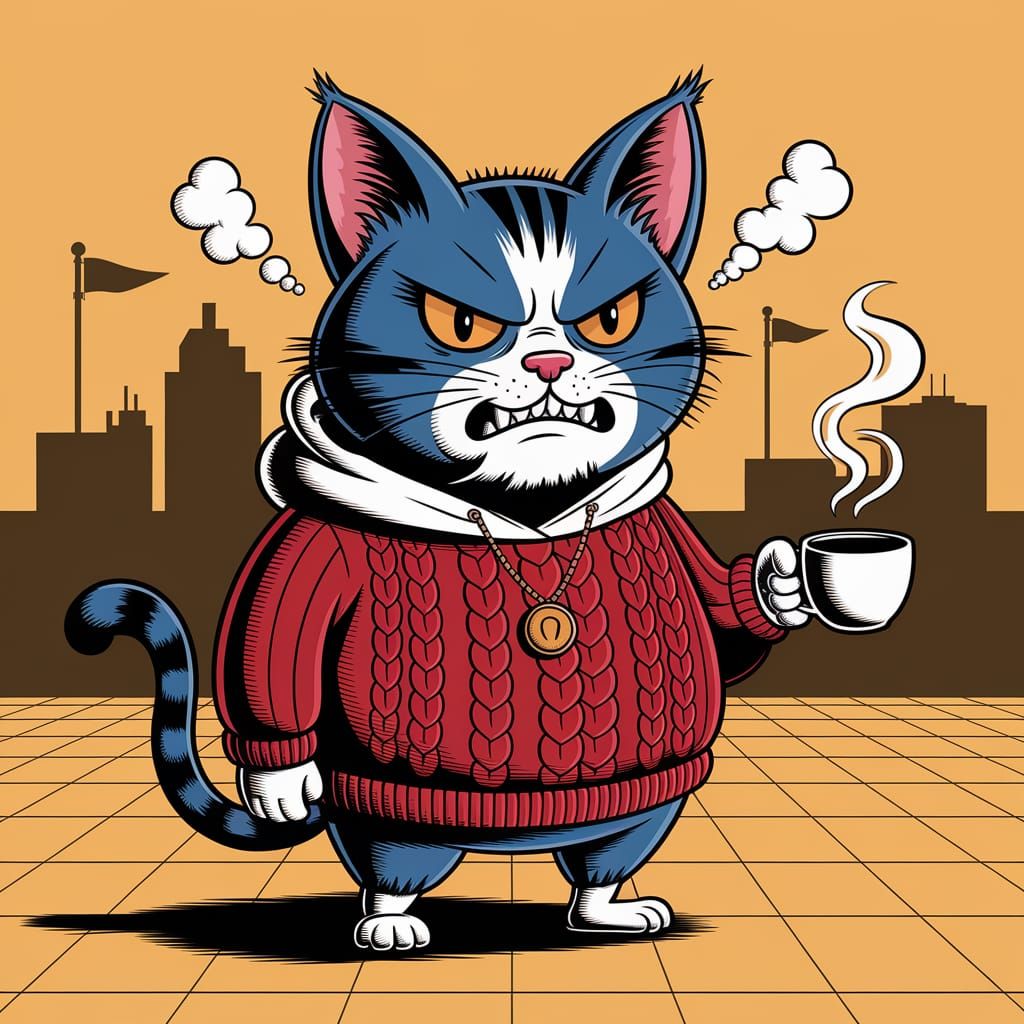 Vibrant Cartoon Cat in Cityscape, Expressing Anger with Coff...