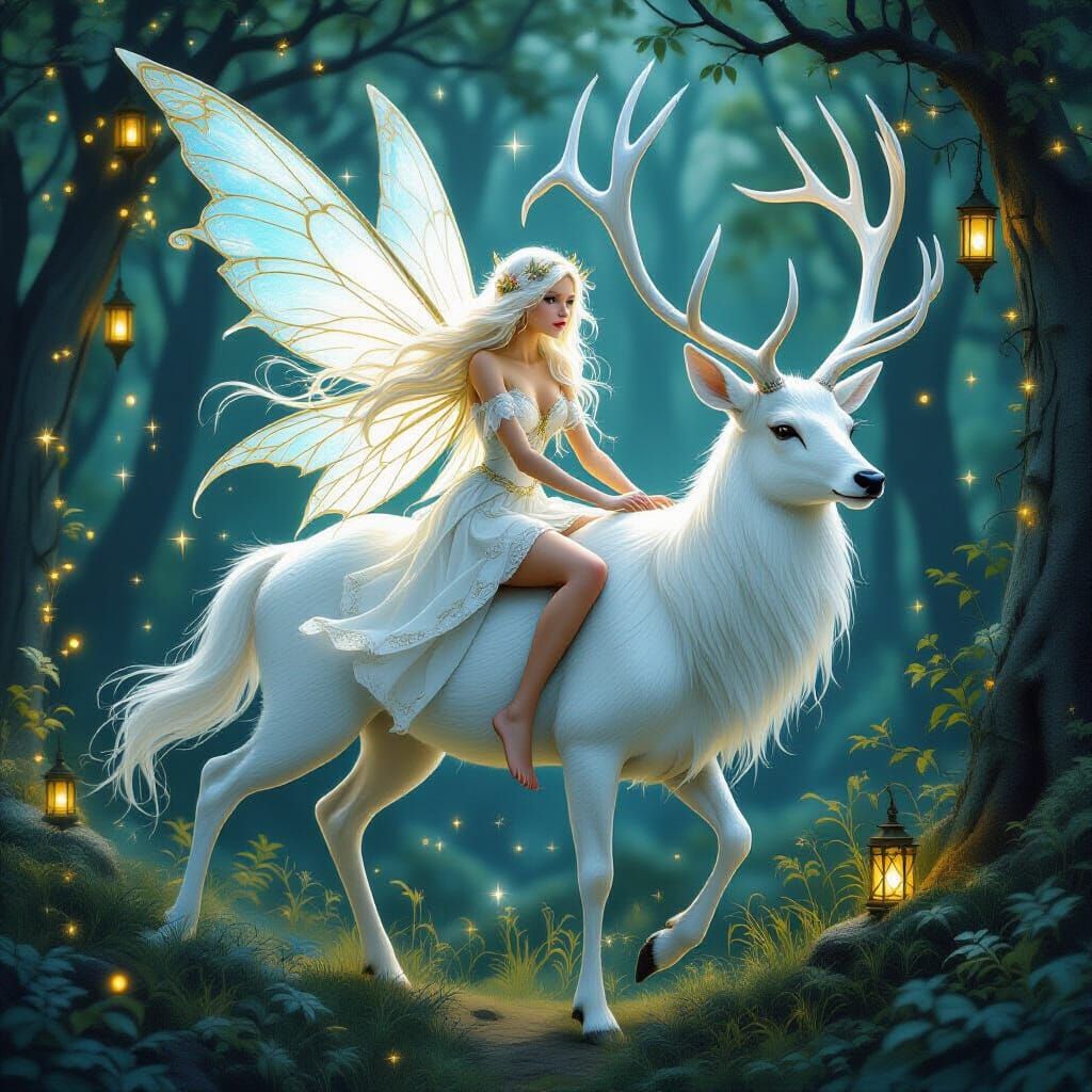 Fairy Riding a Deer in Enchanted Forest