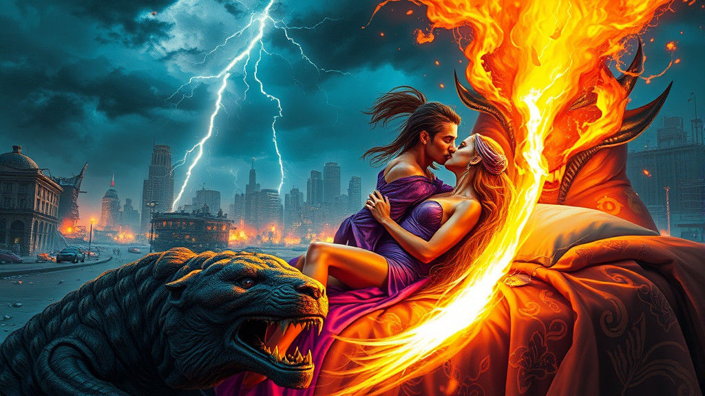 Passionate Kiss in Apocalyptic Sci-Fi Battleground