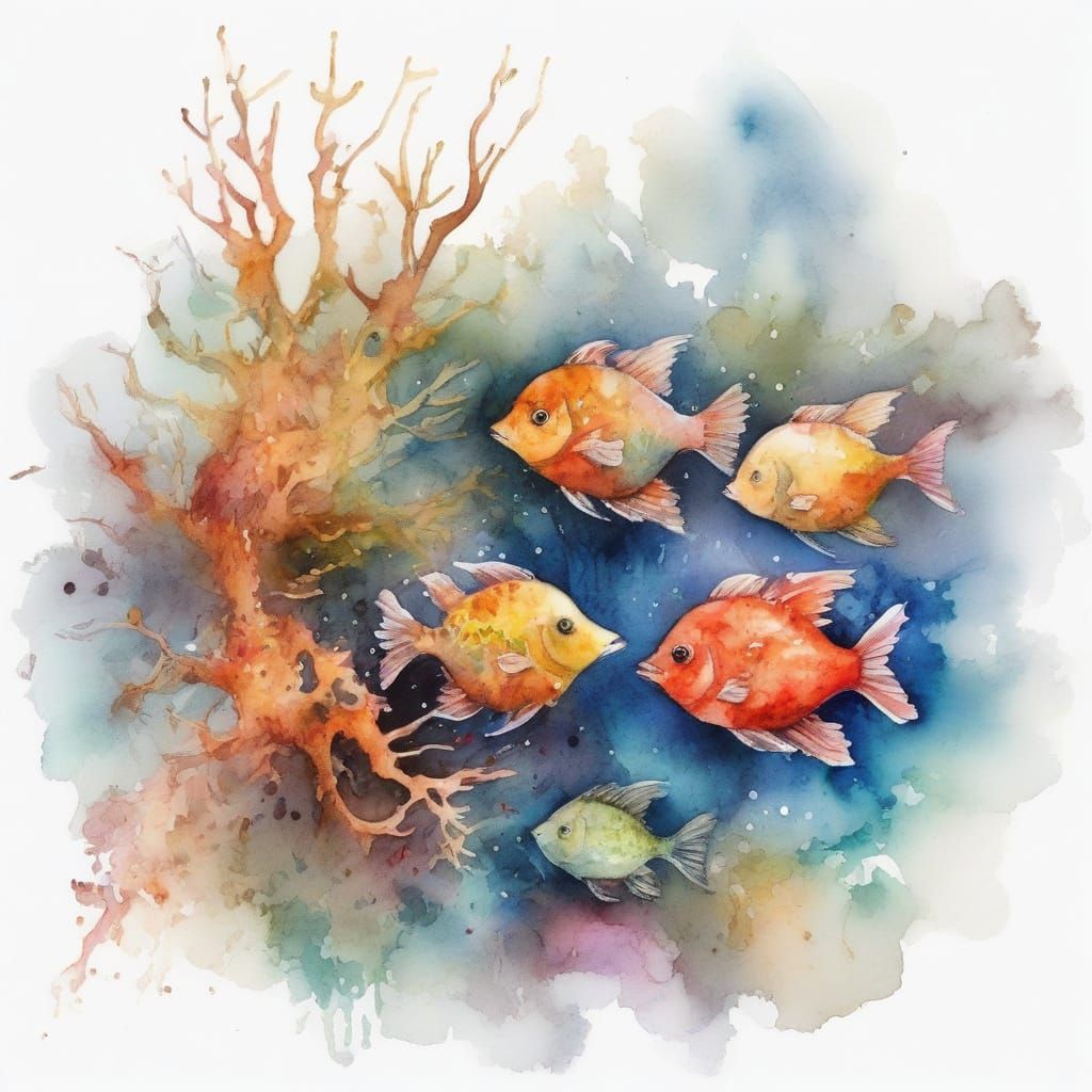 Colorful Basket Stars in Deep Sea Watercolor