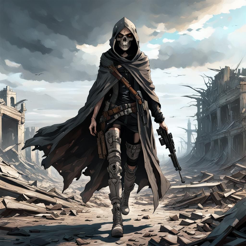 Post-Apocalyptic Girl with Gun in Dystopian Ruins