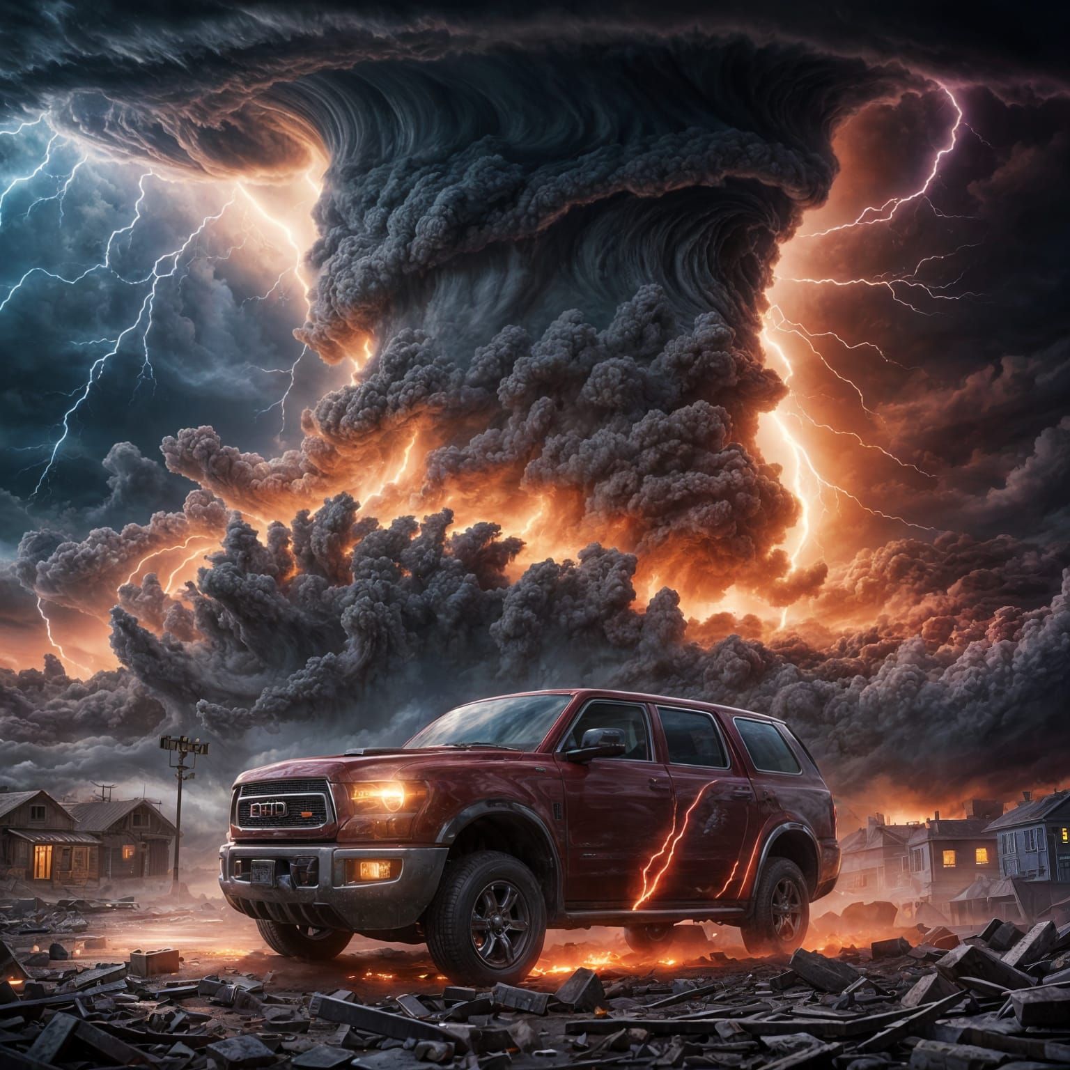 Tornado twisting at speed with dust cloud and lighting eluminating a small town emitting shades of red with the lighteni...