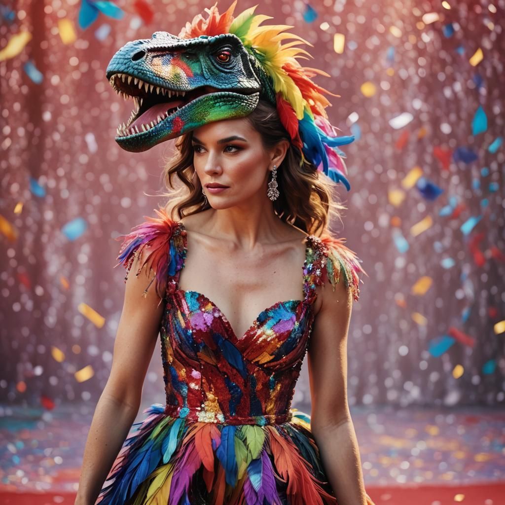 Rainbow Gown and T-Rex Glamour Portrait