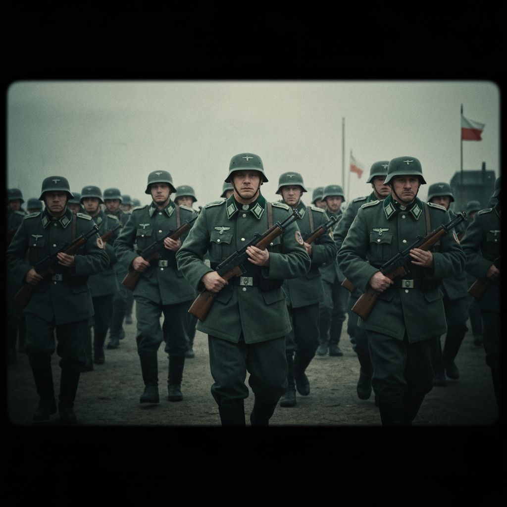Cinematic Film Still of Soldiers Marching into Poland