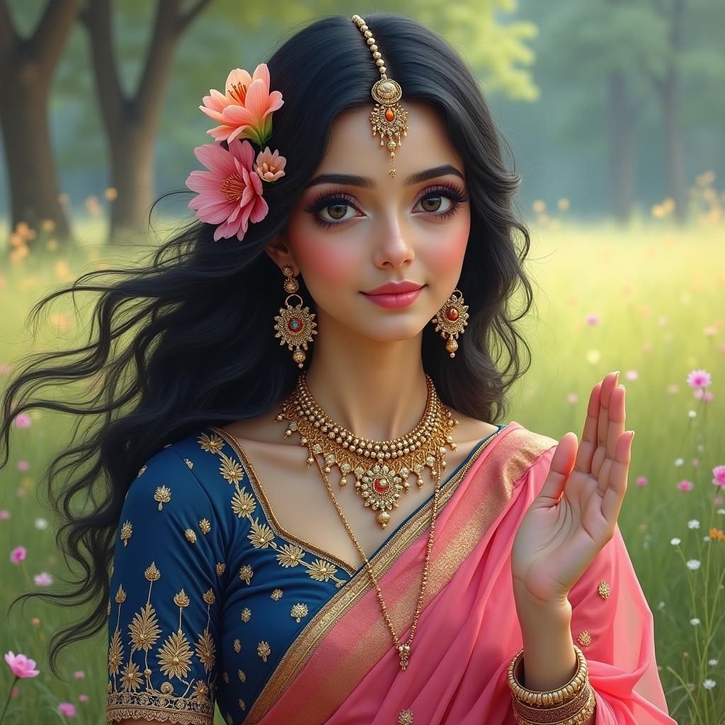 Indian Woman in Meadow: Watercolor Style Portrait