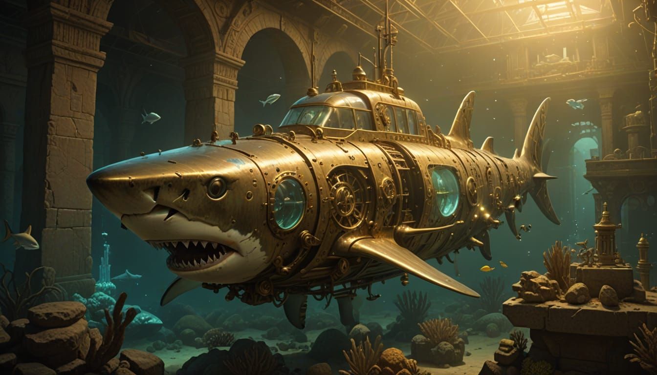 Brass Shark Submarine Exploring Egyptian Ruins in Victorian ...