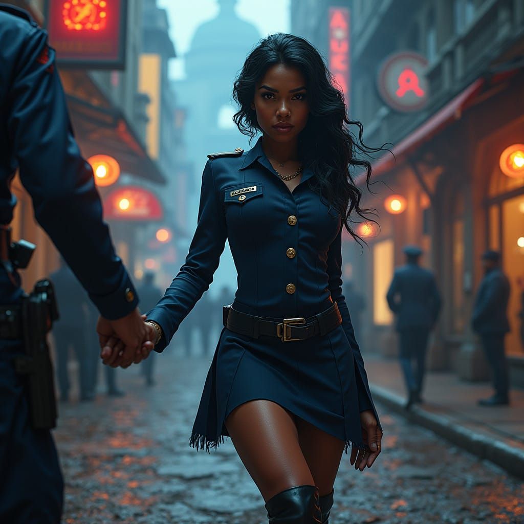 Confident Policewoman Apprehends Villain in Cyberpunk Landsc...