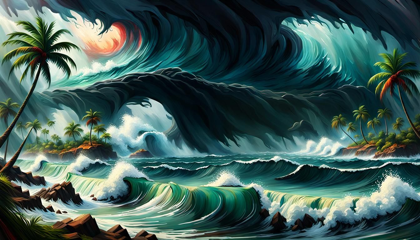 Turbulent Seas Beyond Palm Trees in a Cinematic Tropical Sto...