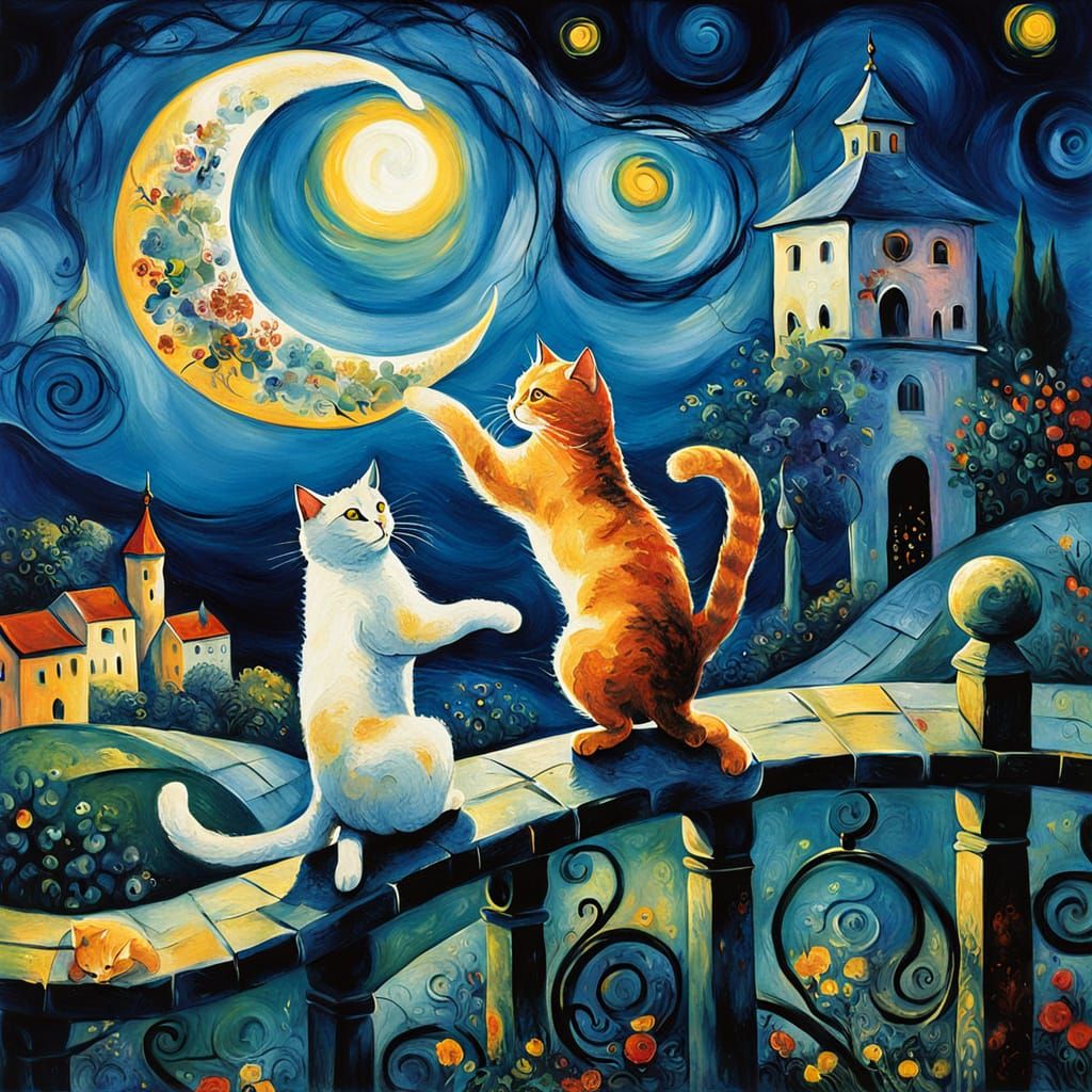Cats' Moonlight Karate Fight: Chagall-esque Fantasy