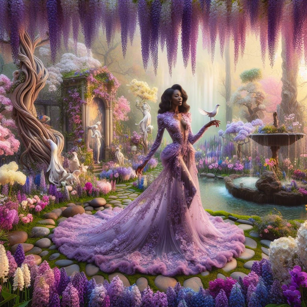 Fantasy Garden with Woman and Wisteria Vines