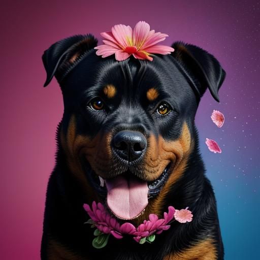 Happy Rottweiler with Pink Flower: Hyperrealistic Splash Art