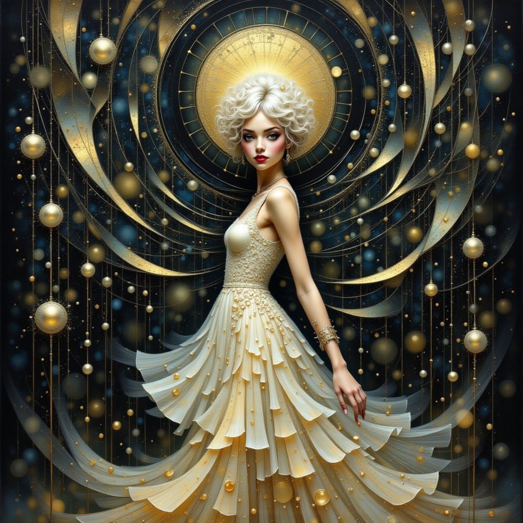 Woman in Iridescent Dress with Peacock Scales