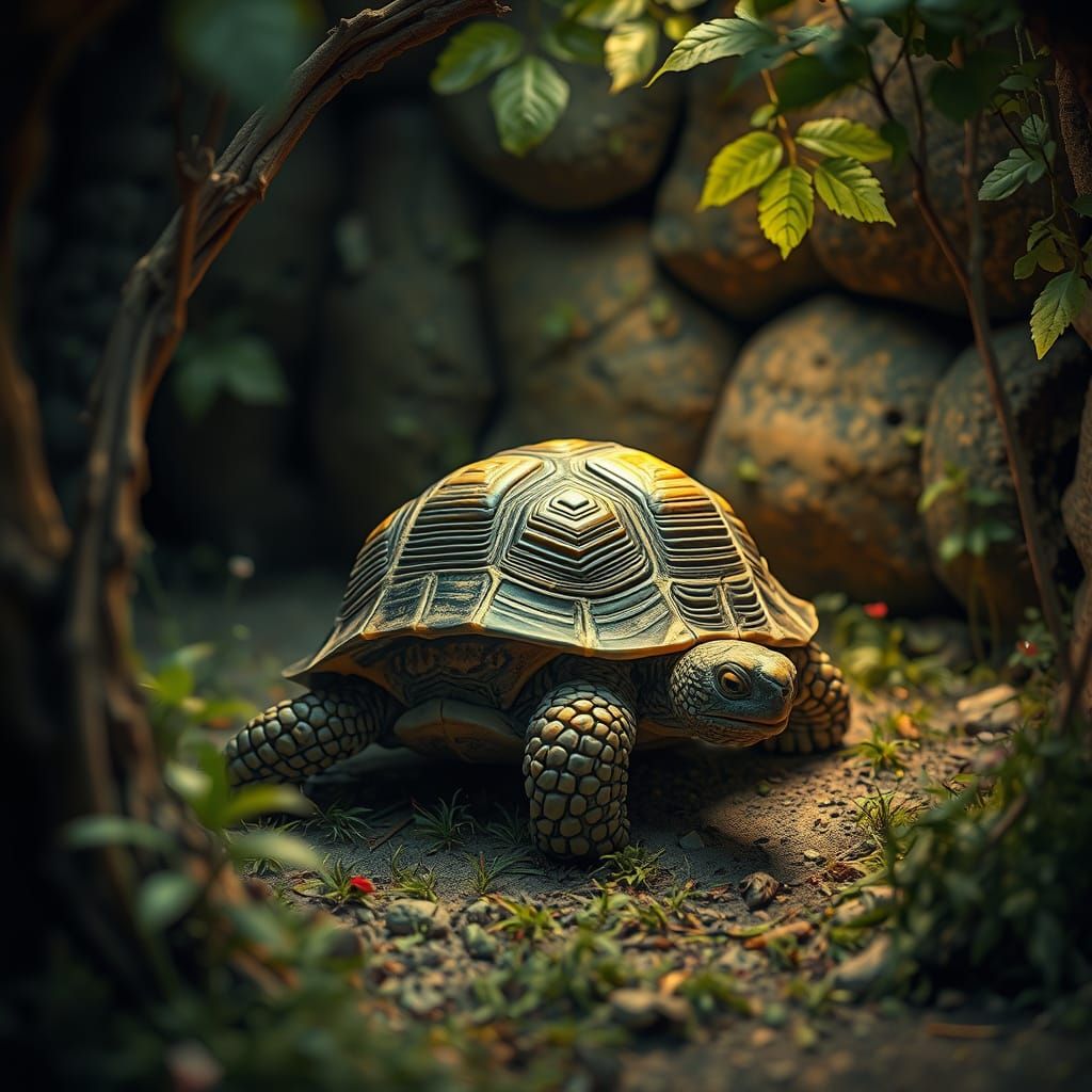 Surreal Turtle in Rustic Enclosure, Warm and Lush Scene