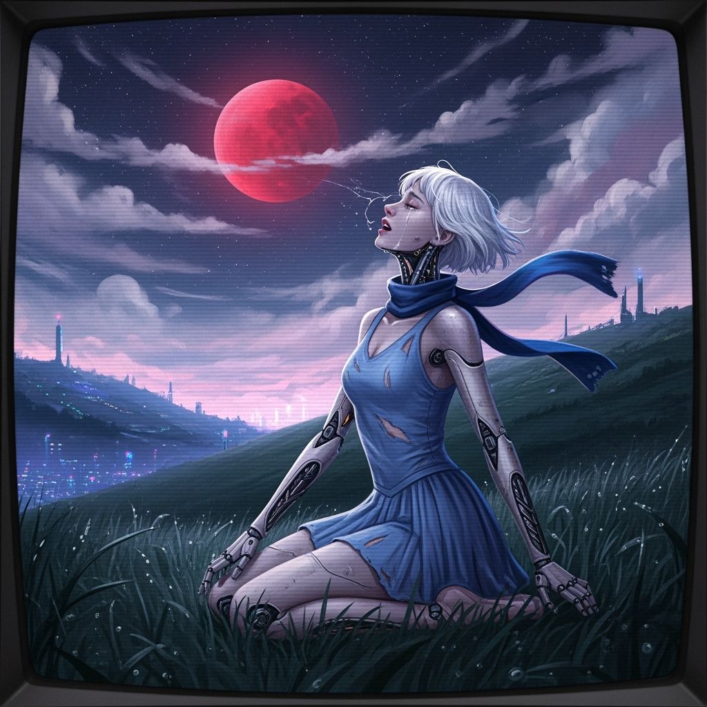 Cybernetic Princess Crying in Joy Under Starry Sky