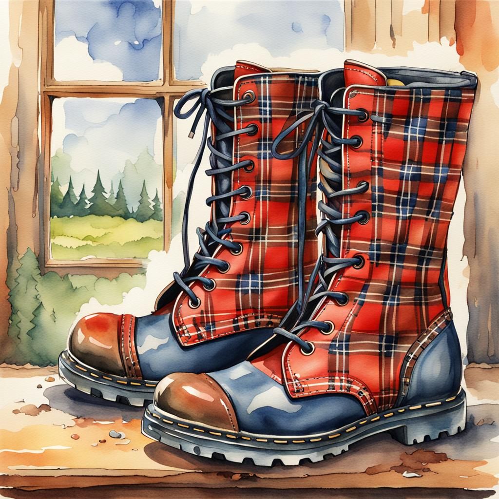 Tartan Plaid Doc Martens in Watercolor Style