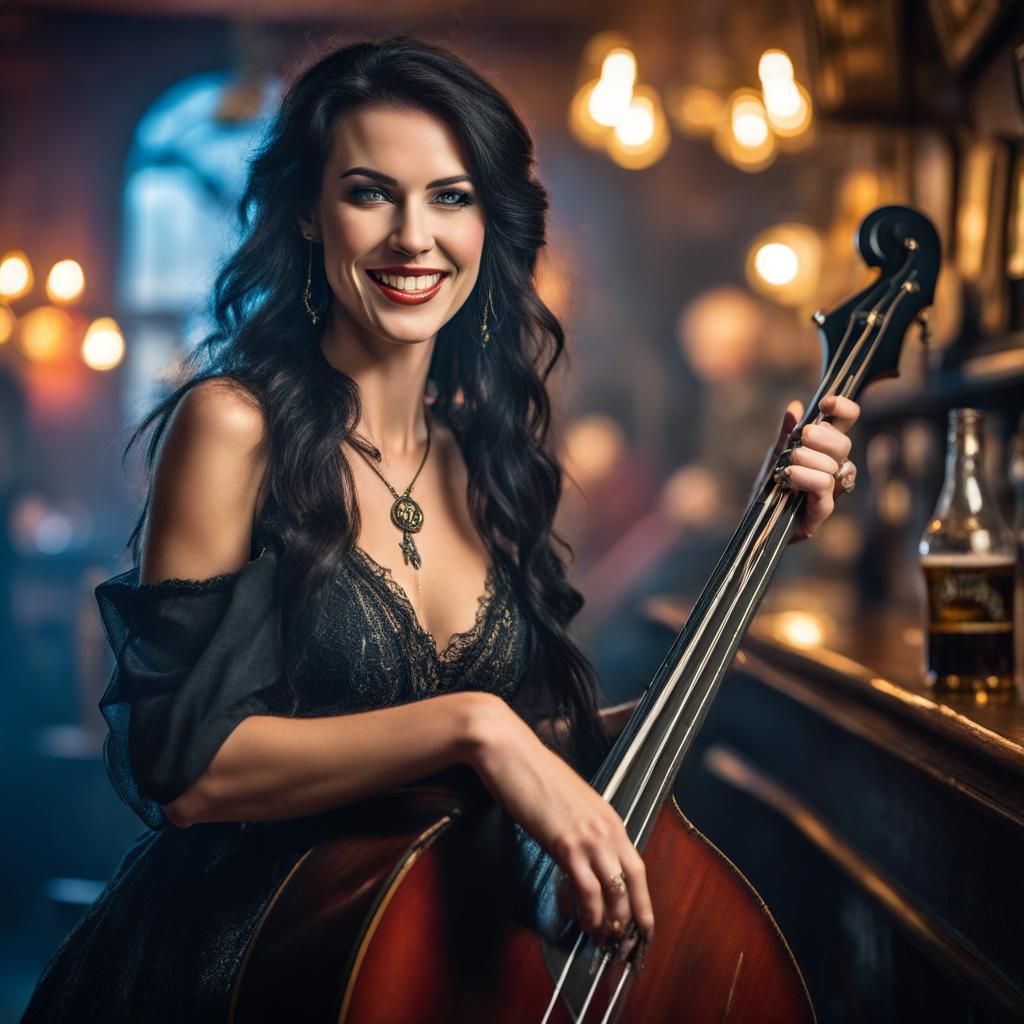 Irish Woman Plays Bass in Smoky Pub: Hyperdetailed